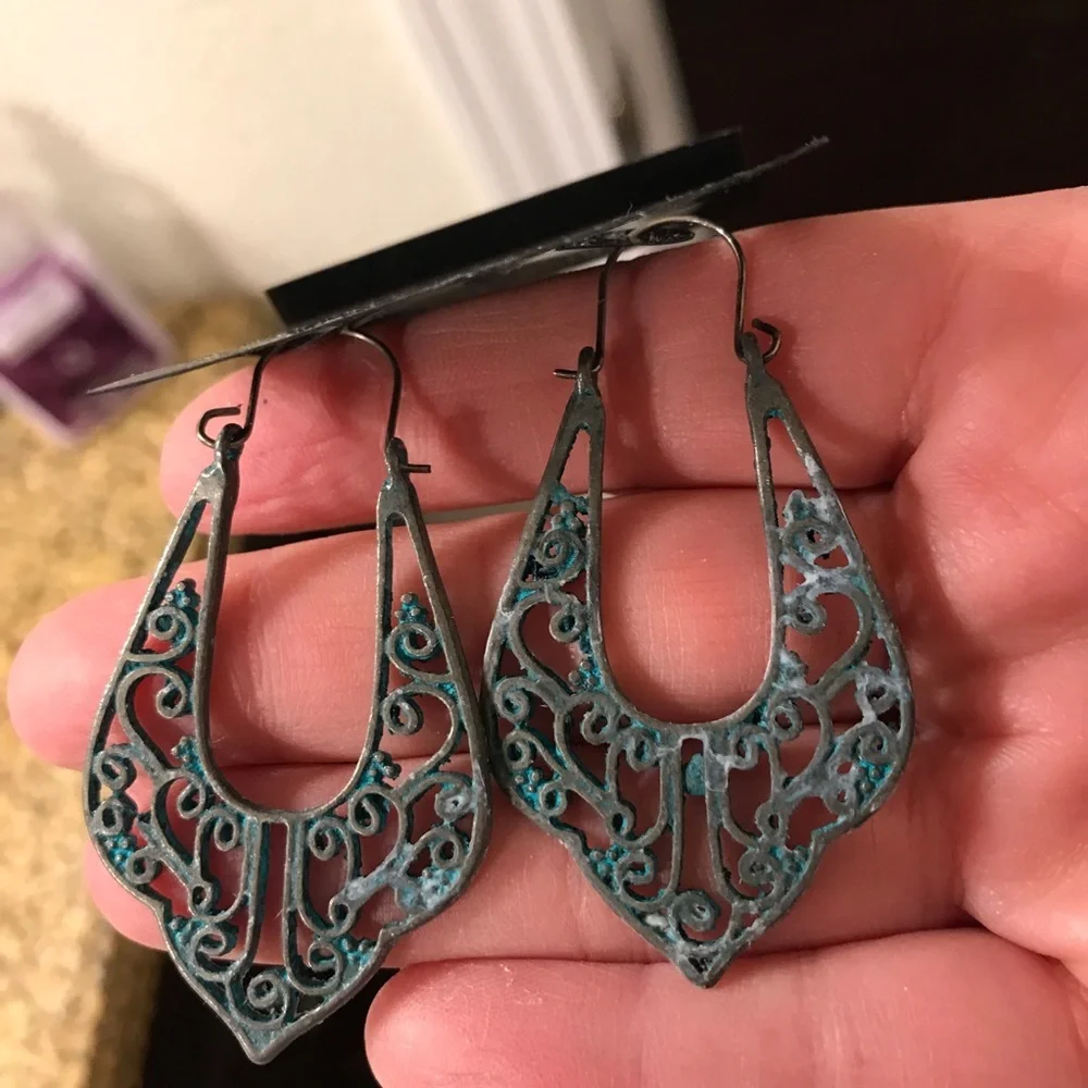 Bohemian filagree patina hook dangle earrings
